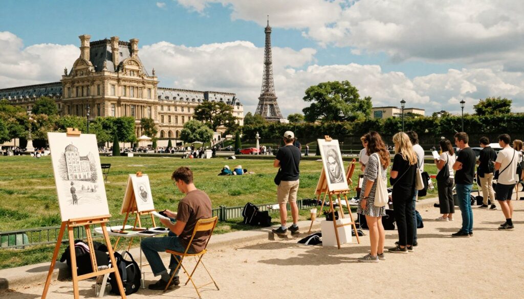 A picturesque scene showcasing a vibrant outdoor art event in Paris. In the foreground, diverse artists display their works on colorful easels, while a group of engaged spectators admires the artwork, dressed in casual yet stylish clothing. The middle ground features a lush, green park with historical Parisian architecture peeking through, representing the city’s rich culture. In the background, iconic landmarks like the Eiffel Tower are visible under a bright blue sky, with fluffy clouds adding depth. The lighting is soft and warm, evoking a cheerful, inviting atmosphere. The shot is captured from a slightly elevated angle, enhancing the sense of community and artistic expression, with highly detailed textures reflecting the artistic vibrancy of free cultural experiences in Paris. 8k resolution.
