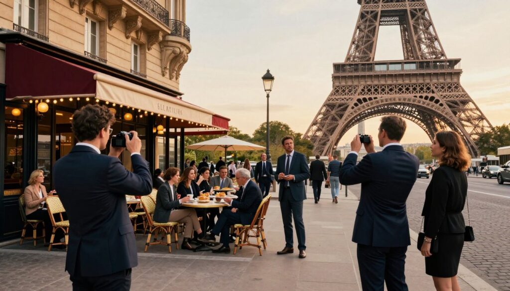 A picturesque scene showcasing curated tours in Paris, featuring a diverse group of tourists in professional business attire exploring iconic landmarks. In the foreground, a couple is admiring the Eiffel Tower, capturing the moment with a camera. The middle ground includes a vibrant café with charming outdoor seating filled with other tourists savoring pastries and coffee, accompanied by a local tour guide sharing insights. The background reveals classic Parisian architecture, with cobblestone streets under the soft glow of golden hour lighting, creating a warm, inviting atmosphere. The image should be shot with a wide-angle lens, emphasizing the bustling ambiance and the intricate textures of the buildings, all rendered in stunning 8k resolution to highlight the fine details.