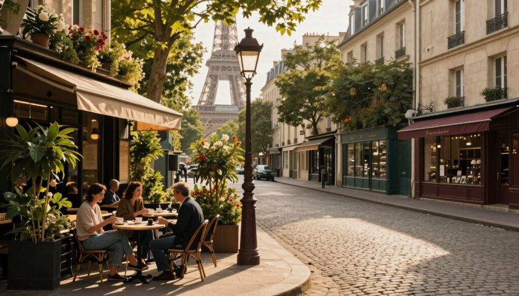 A picturesque scene showcasing hidden attractions in Paris, focusing on a quiet, charming cobblestone street lined with quaint cafés and artisan shops. In the foreground, a small outdoor café with locals leisurely sipping coffee, dressed in casual yet stylish attire. The middle ground features an iconic vintage lamppost, surrounded by lush green plants and flowers, setting a serene atmosphere. The background reveals a glimpse of the Eiffel Tower peeking through a canopy of trees, bathed in the warm golden glow of a late afternoon sun. Soft shadows dance across the street, creating a cozy and inviting mood. The image should evoke a sense of discovery and the joy of finding these local gems, shot from a slightly elevated angle to capture the depth of the scene.
