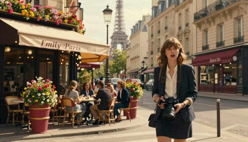 Una pintoresca escena que muestra los icónicos lugares de rodaje de "Emily en París", con una encantadora calle parisina repleta de cafés y boutiques. En primer plano, una joven elegante, vestida con un atuendo profesional, sostiene una cámara con una expresión de asombro. El plano medio revela un clásico café parisino con coloridas macetas y una terraza con terrazas, donde los lugareños charlan animadamente. Al fondo, la Torre Eiffel se asoma entre los tejados, bañada por la cálida luz dorada. La imagen captura la esencia de la vida parisina, con texturas muy detalladas y colores vibrantes que evocan una sensación de aventura y exploración. La composición está grabada a la altura de los ojos con poca profundidad de campo para crear una atmósfera cinematográfica, en resolución 8k para una claridad impresionante.