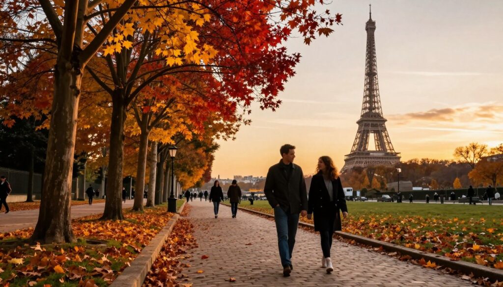 A picturesque seasonal walk in Paris, showcasing a vibrant autumn scene. In the foreground, a charming cobblestone path lined with golden and crimson leaves, leading to a couple dressed in smart casual attire strolling hand-in-hand. In the middle ground, elegant trees with rich fall foliage provide a natural canopy while locals can be seen enjoying the scenery. The background features the iconic silhouette of the Eiffel Tower against a soft sunset, casting a warm golden hue over the entire scene. The atmosphere is serene and inviting, reflecting a peaceful outdoor adventure. Capture this in raw photograph style with cinematic lighting, highly detailed textures, and in 8k resolution, focusing on the vivid colors and inviting evening glow.