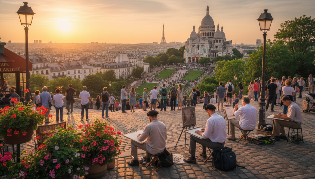A picturesque view of Montmartre streets in Paris during golden hour, capturing the charming, cobblestone pathways lined with quaint cafes and art studios. In the foreground, vibrant flower pots adorn the entrance of a local bistro, while artists can be seen effortlessly sketching on the sidewalks. The middle ground features the iconic Sacré-Cœur Basilica, its white domes glowing in the warm sunlight, surrounded by lush greenery and bustling tourists in casual attire. The background reveals the classic Parisian skyline, with distant rooftops and the soft outline of a setting sun, casting a warm and inviting atmosphere. The scene is infused with a bohemian spirit, evoking creativity and vibrancy, with soft, diffused lighting enhancing the overall charm of Montmartre.