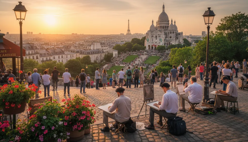 Une vue pittoresque des rues de Montmartre à Paris à l'heure dorée, capturant le charme des ruelles pavées bordées de cafés pittoresques et d'ateliers d'artistes. Au premier plan, des pots de fleurs éclatants ornent l'entrée d'un bistrot, tandis que des artistes dessinent avec aisance sur les trottoirs. Au second plan se dresse l'emblématique basilique du Sacré-Cœur, ses coupoles blanches scintillant sous la douce lumière du soleil, entourée d'une végétation luxuriante et d'une foule de touristes en tenue décontractée. À l'arrière-plan se dévoile la silhouette classique de Paris, avec ses toits au loin et le doux contour d'un soleil couchant, créant une atmosphère chaleureuse et accueillante. La scène est empreinte d'un esprit bohème, évoquant la créativité et le dynamisme, la lumière douce et diffuse sublimant le charme de Montmartre.