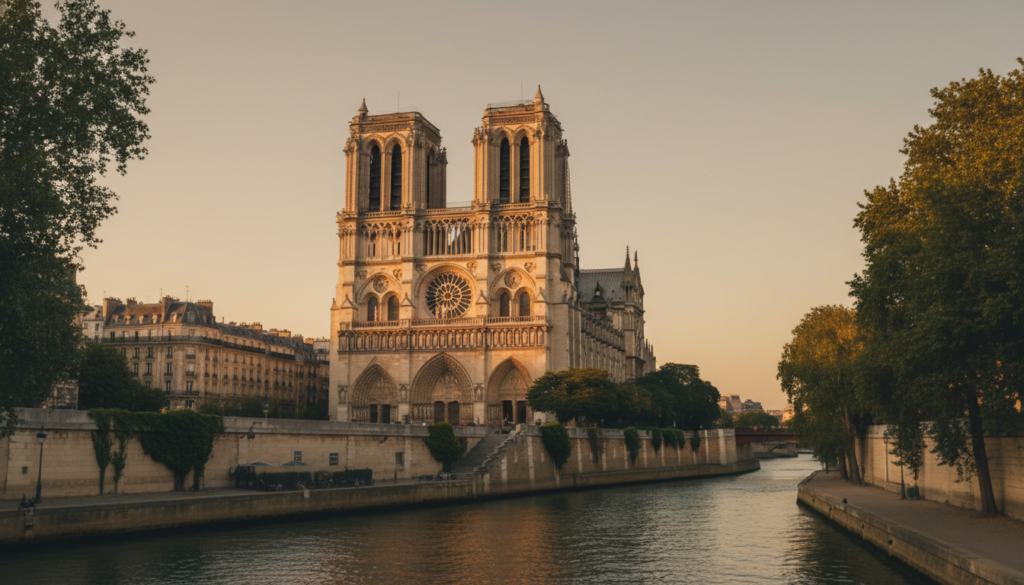 A picturesque view of Notre-Dame Cathedral, showcasing its iconic Gothic architecture with intricate stone carvings and soaring spires. In the foreground, lush green trees frame the scene, and the Seine River glistens with reflections of the cathedral. The middle ground features the cathedral's majestic façade, highlighting its detailed rose window and grand entrance. In the background, Parisian buildings line the riverbank, adding to the historic charm of the area. The scene is bathed in warm, golden hour sunlight, creating a soft, inviting atmosphere. Capture this image from a low angle, emphasizing the cathedral’s height, with a slight tilt to include the river and surrounding architecture. The mood is serene and romantic, evoking the timeless beauty of Paris.