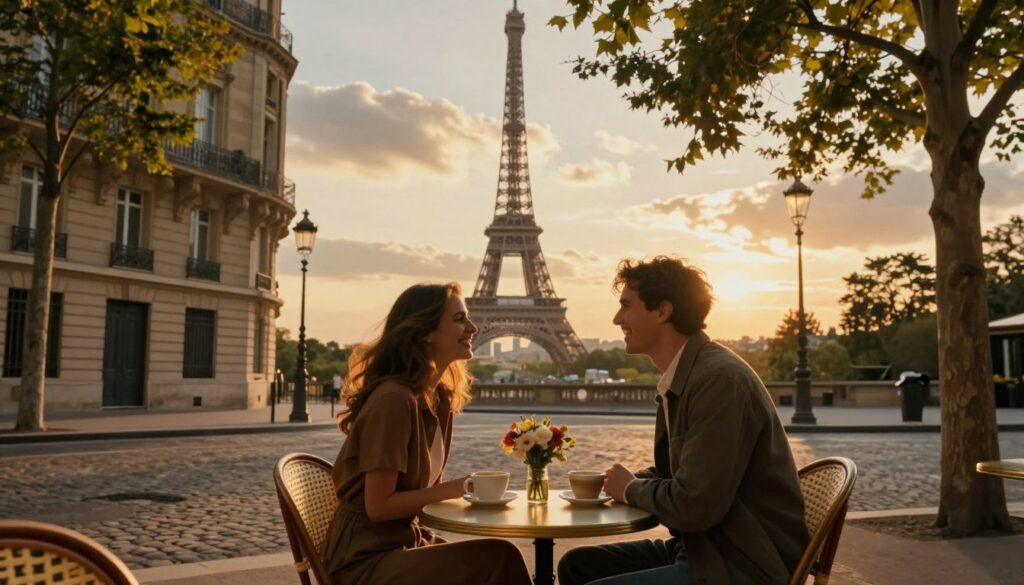 A picturesque view of Paris, capturing the essence of a romantic trip. In the foreground, a charming café table with two coffee cups and a small bouquet of fresh flowers. In the middle, a couple dressed in stylish casual attire, laughing and enjoying their time together, surrounded by beautifully detailed cobblestone streets. The background features the iconic Eiffel Tower bathed in golden sunset light, with soft clouds adding depth to the sky. Surrounding trees are gently swaying in a light breeze, enhancing the romantic atmosphere. The scene is illuminated by warm, cinematic lighting that highlights the textures of the buildings and the expressions of the couple, presented in stunning 8k resolution for a dreamlike quality.
