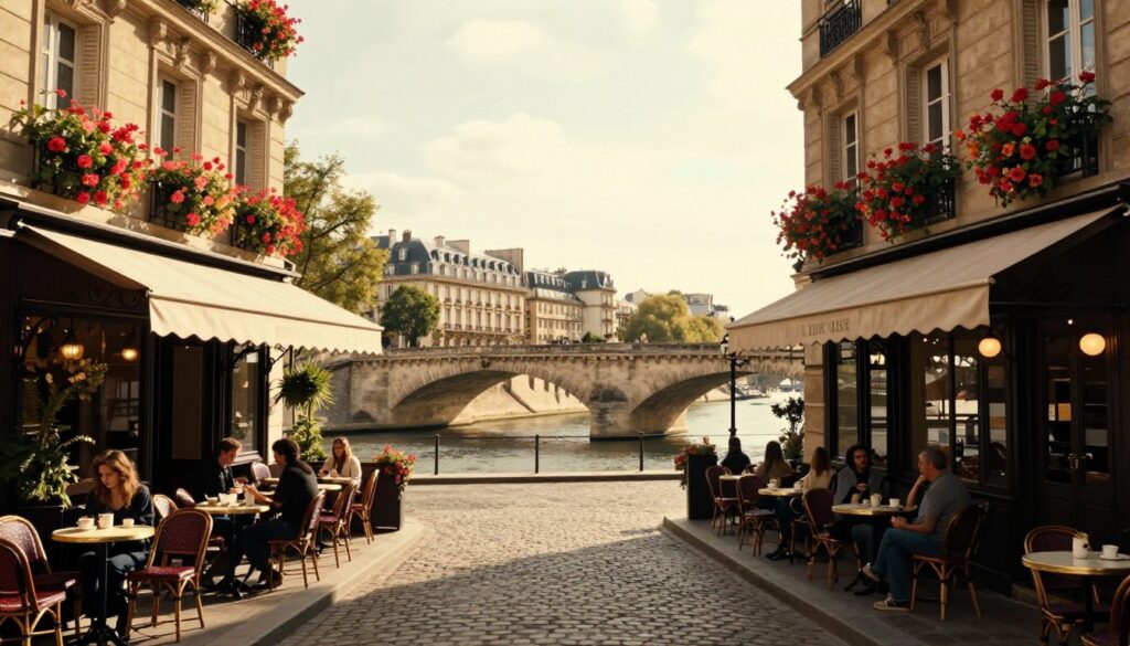 A picturesque view of Place Dauphine, capturing the charming ambiance of old Paris. In the foreground, intricately designed cobblestone paths lined with quaint cafes and bistro tables, where couples enjoy coffee under wrought-iron awnings. The middle ground features historic buildings with classic Parisian architecture, adorned with vibrant flowers cascading from window boxes. In the background, the iconic Pont Neuf gracefully arches over the Seine, bathed in warm, golden light of the late afternoon sun. The scene is enhanced by soft cinematic lighting, highlighting the textures of the stone and foliage. This image captures the romantic and tranquil atmosphere of this hidden gem in Paris, evoking a sense of nostalgia and love. 8k resolution for stunning detail.