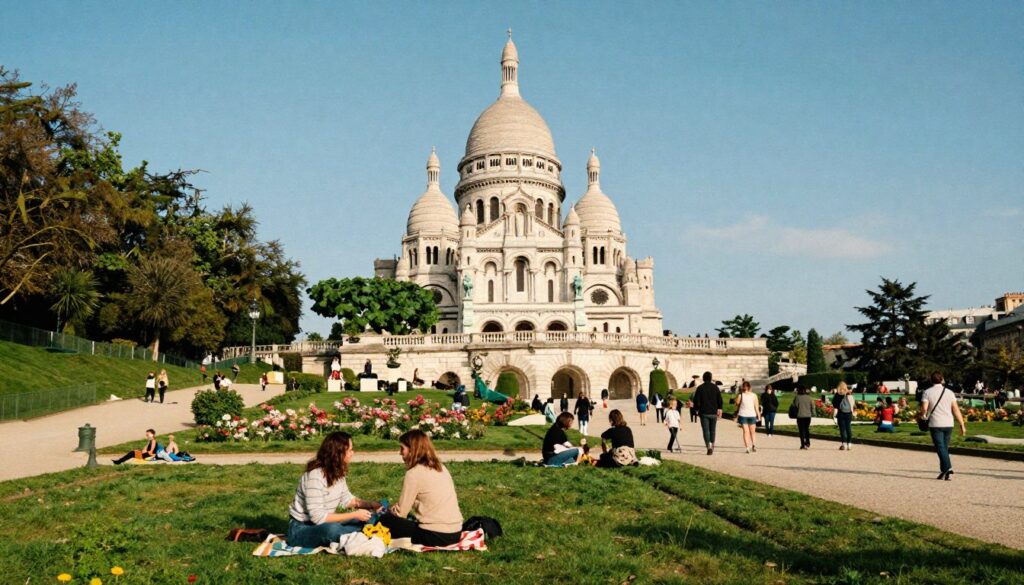 A picturesque view of iconic free attractions in Paris, featuring vibrant green gardens and historic architecture. In the foreground, a serene park with people enjoying leisurely activities, such as couples having a picnic and families interacting, dressed in casual, modest clothing. The middle ground reveals the grandeur of the Sacré-Cœur Basilica on Montmartre, bathed in soft, warm sunlight. Nearby, the Tuileries Garden sprawls with blooming flowers and elegant pathways. In the background, the Eiffel Tower rises against a clear blue sky, creating a relaxed and inviting atmosphere. Capture the scene with cinematic lighting and highly detailed textures, ensuring an 8k resolution for an immersive experience, emphasizing the beauty and charm of free experiences in Paris.