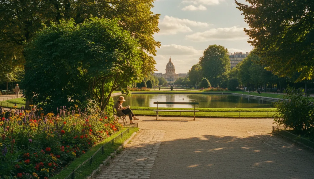 Une vue pittoresque des parcs et jardins parisiens, avec ses allées sinueuses ombragées par une végétation luxuriante et des parterres fleuris. Au premier plan, un chemin pavé invite à la promenade, bordé de fleurs éclatantes, avec un banc en fer forgé niché sous un dais de feuillage. Au second plan, un étang paisible reflète les arbres et le ciel, entouré de pelouses impeccablement entretenues. À l'arrière-plan, l'architecture parisienne emblématique se devine à travers le feuillage, légèrement flouté pour accentuer la profondeur. La scène est baignée d'une chaude lumière dorée, créant une atmosphère cinématographique empreinte de sérénité et de charme. Cette photographie brute, en résolution 8K, révèle des textures d'une grande finesse et une composition harmonieuse. Une vue pittoresque des parcs et jardins parisiens, avec ses allées sinueuses ombragées par une végétation luxuriante et des parterres fleuris. Au premier plan, un chemin pavé invite à la promenade, bordé de fleurs éclatantes, avec un banc en fer forgé niché sous un dais de feuillage. Au second plan, un étang paisible reflète les arbres et le ciel, entouré de pelouses impeccablement entretenues. À l'arrière-plan, l'architecture parisienne emblématique se devine à travers le feuillage, légèrement flouté pour accentuer la profondeur. La scène est baignée d'une chaude lumière dorée, créant une atmosphère cinématographique empreinte de sérénité et de charme. Cette photographie brute, en résolution 8K, révèle des textures d'une grande finesse et une composition harmonieuse.