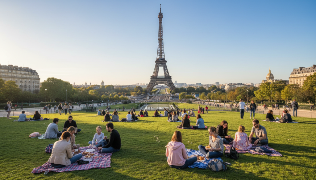 A picturesque view of the Eiffel Tower from the lush green expanse of the Champ de Mars, bathed in soft morning sunlight. In the foreground, the well-manicured lawns of the Champ de Mars are dotted with families enjoying a picnic, couples strolling hand in hand, and a few individuals taking photos. The middle ground features the iconic Eiffel Tower soaring majestically against a clear blue sky, capturing its intricate iron lattice design. In the background, the beautiful Parisian skyline is subtly visible, with elegant Haussmannian buildings framing the scene. The atmosphere is vibrant and cheerful, embodying the essence of Paris as a city rich in history and culture. The image is captured with a wide-angle lens to emphasize the majestic height of the tower and the expansiveness of the park, creating an inviting and warm ambiance. A picturesque view of the Eiffel Tower from the lush green expanse of the Champ de Mars, bathed in soft morning sunlight. In the foreground, the well-manicured lawns of the Champ de Mars are dotted with families enjoying a picnic, couples strolling hand in hand, and a few individuals taking photos. The middle ground features the iconic Eiffel Tower soaring majestically against a clear blue sky, capturing its intricate iron lattice design. In the background, the beautiful Parisian skyline is subtly visible, with elegant Haussmannian buildings framing the scene. The atmosphere is vibrant and cheerful, embodying the essence of Paris as a city rich in history and culture. The image is captured with a wide-angle lens to emphasize the majestic height of the tower and the expansiveness of the park, creating an inviting and warm ambiance.