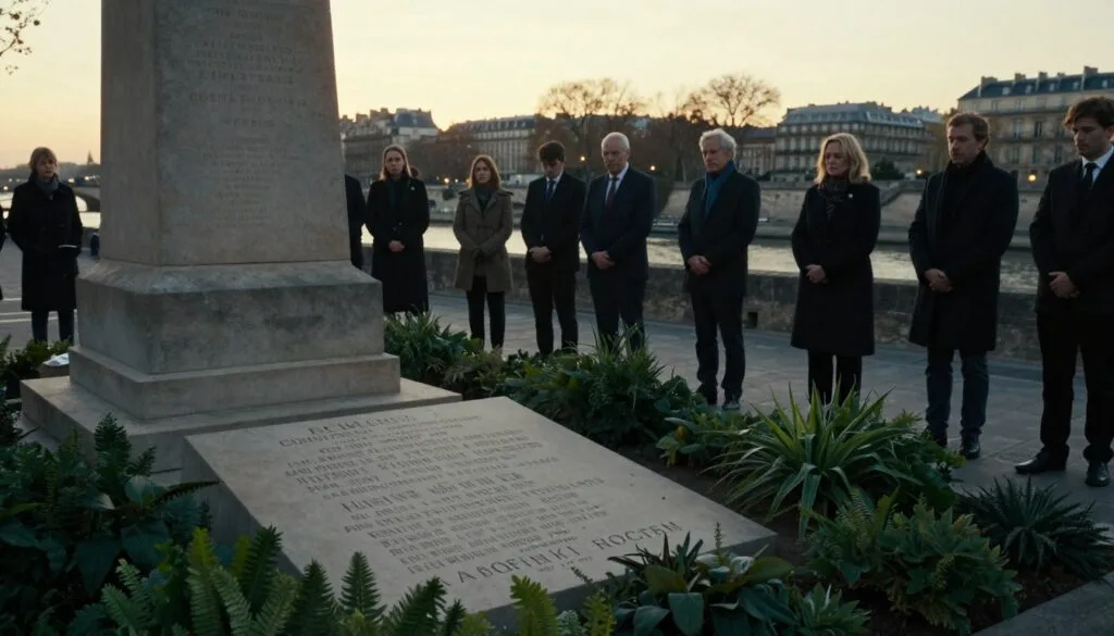 Un poignant mémorial à Paris, dédié à la mémoire des déportés durant la Seconde Guerre mondiale. Au premier plan, un monument de pierre solennel, orné d'inscriptions honorant les noms des victimes et de plantes verdoyantes symbolisant l'espoir, se dresse. Au second plan, des visiteurs en tenue professionnelle, le visage grave, se recueillent. À l'arrière-plan, la Seine se dessine paisiblement, avec la silhouette lointaine des immeubles parisiens baignés par un doux coucher de soleil doré. L'éclairage, digne d'un film, projette des ombres délicates qui renforcent l'émotion du lieu. Capturée avec une grande précision et une résolution 8K, la scène dégage une atmosphère de recueillement et d'introspection, soulignant l'importance du souvenir. Un poignant mémorial à Paris, dédié à la mémoire des déportés durant la Seconde Guerre mondiale. Au premier plan, un monument de pierre solennel, orné d'inscriptions honorant les noms des victimes et de plantes verdoyantes symbolisant l'espoir, se dresse. Au second plan, des visiteurs en tenue professionnelle, le visage grave, se recueillent. À l'arrière-plan, la Seine se dessine paisiblement, avec la silhouette lointaine des immeubles parisiens baignés par un doux coucher de soleil doré. L'éclairage, digne d'un film, projette des ombres délicates qui renforcent l'émotion du lieu. Capturée avec une grande précision et une résolution 8K, la scène dégage une atmosphère de recueillement et d'introspection, soulignant l'importance du souvenir.