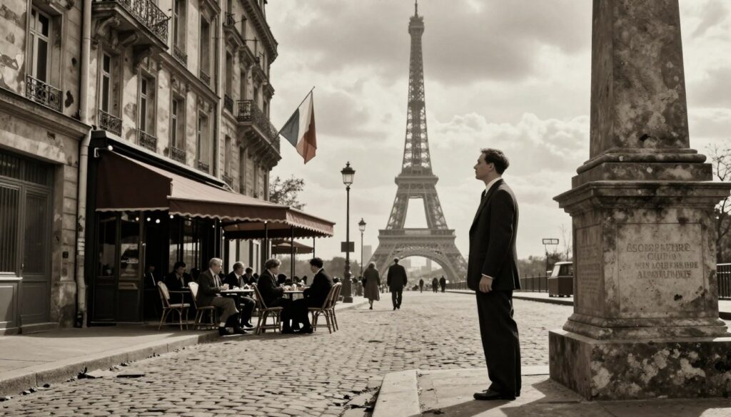 A poignant scene capturing the essence of Paris during World War II, specifically reflecting the occupation era. In the foreground, a vintage street lined with distressed buildings from the 1940s, with worn cobblestone paths and faded French flags. A solitary figure in professional business attire, gazing contemplatively at a historic war memorial, evokes deep emotion and reflection on the past. In the middle ground, a timeless Parisian café with outdoor seating, where patrons in modest clothing engage in quiet conversation, creating a sense of community amidst hardship. The background features the iconic silhouette of the Eiffel Tower, draped in soft, cinematic lighting that filters through the clouds, casting gentle shadows. The entire composition is highly detailed, rendered in 8k resolution to convey a nostalgic atmosphere and rich textures, inviting viewers to explore the historical significance of this period.