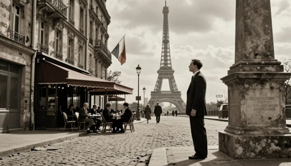 Une scène poignante qui capture l'essence du Paris de la Seconde Guerre mondiale, et plus particulièrement l'époque de l'Occupation. Au premier plan, une rue d'époque bordée d'immeubles délabrés des années 1940, aux pavés usés et aux drapeaux français délavés. Une silhouette solitaire, en costume, contemplant avec émotion un monument aux morts, suscite une profonde réflexion sur le passé. Au second plan, un café parisien intemporel avec sa terrasse, où des clients vêtus modestement échangent des conversations discrètes, créant un sentiment de solidarité malgré l'adversité. À l'arrière-plan se détache la silhouette emblématique de la Tour Eiffel, baignée d'une douce lumière cinématographique qui filtre à travers les nuages, projetant des ombres délicates. L'ensemble de la composition, d'une grande richesse de détails, est rendu en résolution 8K pour transmettre une atmosphère nostalgique et des textures riches, invitant le spectateur à explorer la portée historique de cette période. Une scène poignante qui capture l'essence du Paris de la Seconde Guerre mondiale, et plus particulièrement l'époque de l'Occupation. Au premier plan, une rue d'époque bordée d'immeubles délabrés des années 1940, aux pavés usés et aux drapeaux français délavés. Une silhouette solitaire, en costume, contemplant avec émotion un monument aux morts, suscite une profonde réflexion sur le passé. Au second plan, un café parisien intemporel avec sa terrasse, où des clients vêtus modestement échangent des conversations discrètes, créant un sentiment de solidarité malgré l'adversité. À l'arrière-plan se détache la silhouette emblématique de la Tour Eiffel, baignée d'une douce lumière cinématographique qui filtre à travers les nuages, projetant des ombres délicates. L'ensemble de la composition, d'une grande richesse de détails, est rendu en résolution 8K pour transmettre une atmosphère nostalgique et des textures riches, invitant le spectateur à explorer la portée historique de cette période.