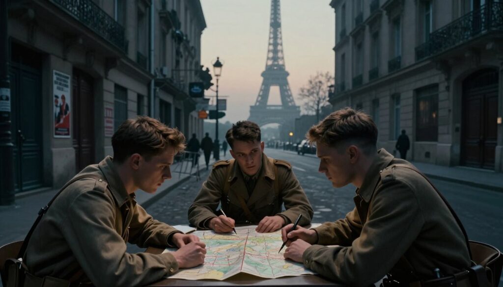 A raw photograph depicting French resistance operations in Paris during WWII. In the foreground, a group of three resistance fighters in modest casual clothing, engaged in a covert meeting, huddled around a table covered in maps and documents, their expressions serious and focused. In the middle ground, a dimly lit Parisian street with vintage buildings, showing signs of wartime, such as posters and barricades. The background features the iconic silhouette of the Eiffel Tower, partially shrouded in a misty evening glow. Cinematic lighting illuminates the scene dramatically, creating deep shadows and highlighting the tension of the moment. The image should be captured with a wide-angle lens to enhance the expansive feel and rich detail, rendered in 8k resolution for hyper-realistic textures and depth. The atmosphere is intense and somber, reflecting the struggle and resilience of the era.