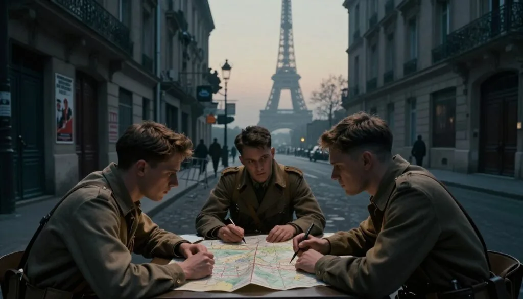 Une photographie brute illustrant les opérations de la Résistance française à Paris pendant la Seconde Guerre mondiale. Au premier plan, trois résistants en tenue décontractée, réunis clandestinement autour d'une table recouverte de cartes et de documents, affichent un air grave et concentré. Au second plan, une rue parisienne faiblement éclairée, bordée d'immeubles anciens portant encore les stigmates de la guerre : affiches, barricades… À l'arrière-plan se dessine la silhouette emblématique de la Tour Eiffel, partiellement voilée par la brume du soir. Un éclairage cinématographique magnifie la scène, créant des ombres profondes et accentuant la tension du moment. L'image devrait être prise avec un objectif grand angle pour accentuer l'ampleur et la richesse des détails, et rendue en résolution 8K pour des textures et une profondeur hyperréalistes. L'atmosphère, intense et sombre, reflète la lutte et la résilience de cette époque. Une photographie brute illustrant les opérations de la Résistance française à Paris pendant la Seconde Guerre mondiale. Au premier plan, trois résistants en tenue décontractée, réunis clandestinement autour d'une table recouverte de cartes et de documents, affichent un air grave et concentré. Au second plan, une rue parisienne faiblement éclairée, bordée d'immeubles anciens portant encore les stigmates de la guerre : affiches, barricades… À l'arrière-plan se dessine la silhouette emblématique de la Tour Eiffel, partiellement voilée par la brume du soir. Un éclairage cinématographique magnifie la scène, créant des ombres profondes et accentuant la tension du moment. L'image devrait être prise avec un objectif grand angle pour accentuer l'ampleur et la richesse des détails, et rendue en résolution 8K pour des textures et une profondeur hyperréalistes. L'atmosphère, intense et sombre, reflète la lutte et la résilience de cette époque.