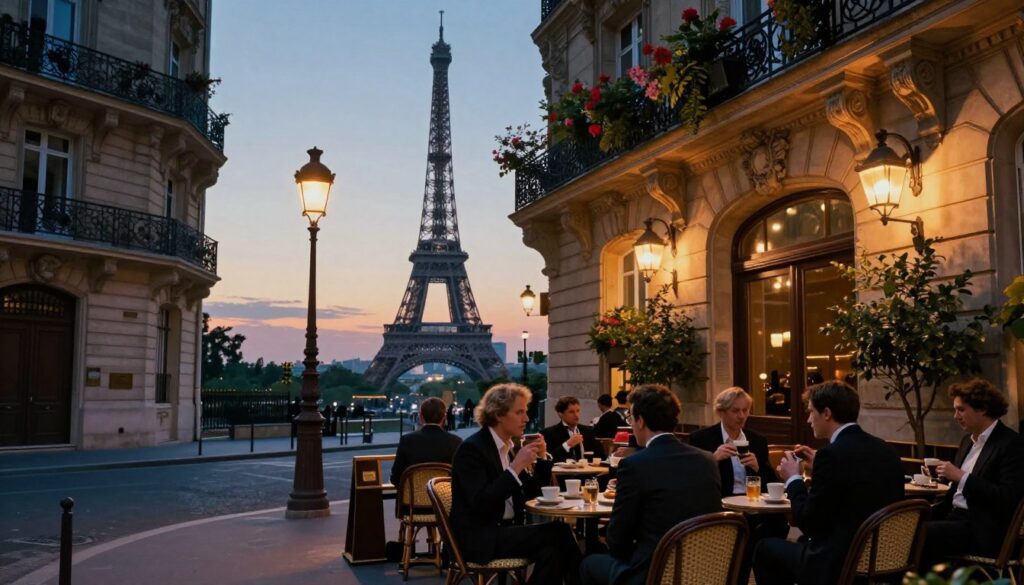 A richly detailed scene depicting a charming Parisian street, showcasing a blend of historical and cultural insights. In the foreground, a small café terrace with patrons comfortably seated, elegantly dressed in professional attire, sipping espresso and engaging in conversation. In the middle ground, classic Parisian architecture with intricate facades and wrought-iron balconies, adorned with flowering plants. The background features the iconic silhouette of the Eiffel Tower, softly lit against a dusky sky, casting a warm glow over the scene. The street is illuminated with vintage lampposts, creating a romantic ambiance. Capture this image in a raw photograph style with cinematic lighting, emphasizing highly detailed textures and vibrant colors, in stunning 8k resolution to convey the enchanting allure of Paris's history and culture.