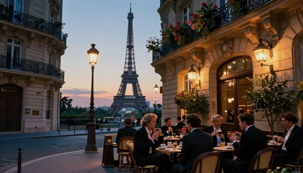 Une scène richement détaillée représentant une charmante rue parisienne, mêlant habilement histoire et culture. Au premier plan, la terrasse d'un petit café accueille des clients élégamment vêtus, sirotant un espresso et conversant. Au second plan, l'architecture parisienne classique se dévoile, avec ses façades ouvragées et ses balcons en fer forgé ornés de plantes fleuries. À l'arrière-plan se dresse la silhouette emblématique de la Tour Eiffel, doucement éclairée par un ciel crépusculaire, baignant la scène d'une lumière chaleureuse. La rue est illuminée par des lampadaires anciens, créant une ambiance romantique. Capturez cette image dans un style photographique brut, avec un éclairage cinématographique, mettant en valeur les textures détaillées et les couleurs vibrantes, en une superbe résolution 8K pour restituer le charme envoûtant de l'histoire et de la culture parisiennes. Une scène richement détaillée représentant une charmante rue parisienne, mêlant habilement histoire et culture. Au premier plan, la terrasse d'un petit café accueille des clients élégamment vêtus, sirotant un espresso et conversant. Au second plan, l'architecture parisienne classique se dévoile, avec ses façades ouvragées et ses balcons en fer forgé ornés de plantes fleuries. À l'arrière-plan se dresse la silhouette emblématique de la Tour Eiffel, doucement éclairée par un ciel crépusculaire, baignant la scène d'une lumière chaleureuse. La rue est illuminée par des lampadaires anciens, créant une ambiance romantique. Capturez cette image dans un style photographique brut, avec un éclairage cinématographique, mettant en valeur les textures détaillées et les couleurs vibrantes, en une superbe résolution 8K pour restituer le charme envoûtant de l'histoire et de la culture parisiennes.