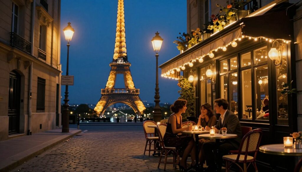 A romantic Parisian street scene after dark, illuminated by soft golden streetlights and the glow of nearby café windows. In the foreground, a charming cobblestone street lined with quaint bistros, their tables adorned with flickering candles and flowers. A couple, dressed in elegant evening attire, enjoys a quiet moment at an outdoor table, laughing softly, surrounded by the warm ambiance. The middle ground features the iconic silhouette of the Eiffel Tower glimmering in the background against the evening sky, while delicate hanging lights add to the romantic atmosphere. The scene captures the magical essence of Paris at night, with rich colors, intricate details, and a dreamy cinematic quality, presented in 8k resolution with highly detailed textures.