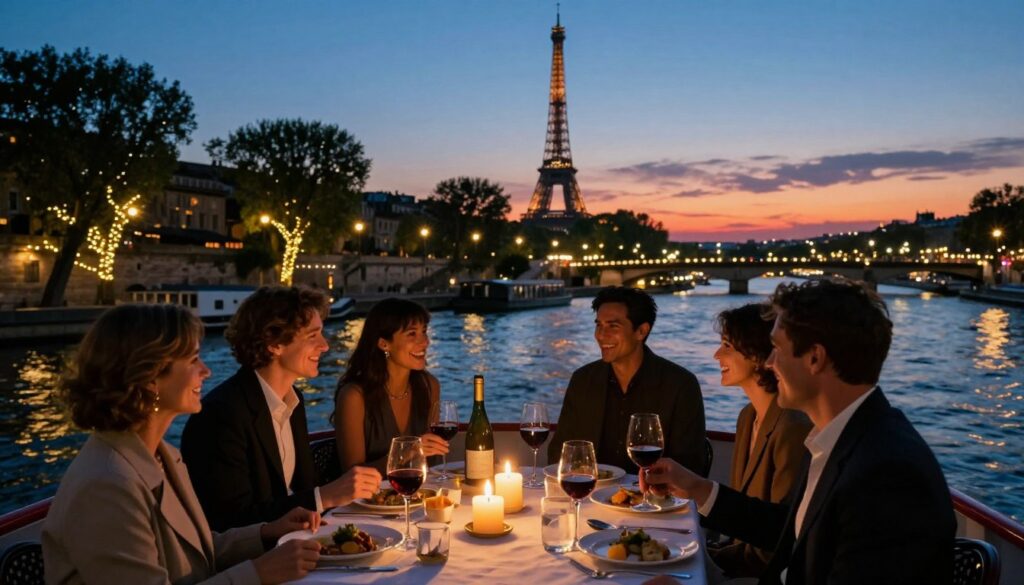 A romantic Seine River dinner cruise at twilight, capturing a beautifully set table with elegant dinnerware and flickering candles. In the foreground, diverse couples dressed in smart casual attire enjoy their meals, laughing and toasting with wine glasses. The middle ground features the gently illuminated Seine River, reflecting the iconic Parisian architecture alongside the riverbanks, with softly glowing streetlights and trees adorned with fairy lights. In the background, the silhouette of the Eiffel Tower stands majestically against a colorful sunset sky. The scene is captured in a raw photograph style with cinematic lighting, showcasing highly detailed textures and vibrant colors, all in 8k resolution, creating an intimate and enchanting atmosphere.