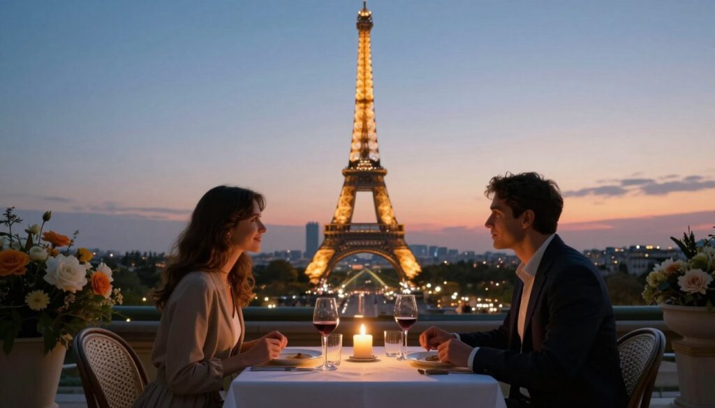 A romantic dining setup featuring an elegantly dressed table with fine china, delicate candlelight, and wine glasses, set against the backdrop of the Eiffel Tower brilliantly illuminated at dusk. In the foreground, soft floral arrangements add warmth, while a couple in modest evening attire engages in intimate conversation. The middle ground captures the table with a panoramic view of the Eiffel Tower, showcasing its intricate ironwork and glowing lights. The background includes the Paris skyline, bathed in the soft hues of sunset, as Parisian buildings softly fade into the twilight. The scene should have cinematic lighting, highlighting the textures of the setting, evoking a mood of romance and enchantment. Rendered in high detail, this 8k resolution image creates a dreamy atmosphere perfect for couples seeking a magical dining experience.
