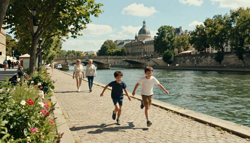 A scenic family walk along the Seine River, capturing two children joyfully skipping ahead on a cobblestone pathway, their laughter echoing amidst the serene atmosphere. In the foreground, lush greenery lines the riverbank, with vibrant flowers adding splashes of color. The middle ground features a couple of adults, clothed in light, casual attire, strolling leisurely and admiring the river's gentle flow. The background reveals iconic Parisian architecture, including the outlines of historic bridges and charming waterfront cafes under a bright blue sky, creating an inviting ambiance. The scene is bathed in soft, warm sunlight, casting delicate shadows, enhancing the highly detailed textures of the stones and foliage, and giving a cinematic feel. The overall mood is cheerful and relaxing, inviting viewers to immerse themselves in the beauty of this family-friendly experience.