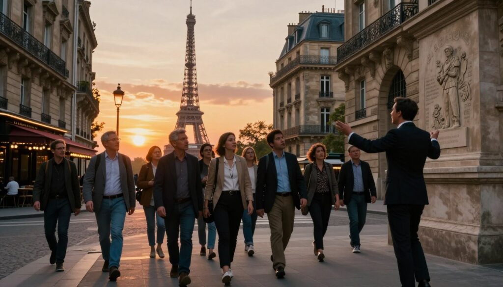 A scenic guided walking tour in Paris during the late afternoon, showcasing a diverse group of tourists dressed in professional business attire and casual clothing, enthusiastically exploring the historic streets. In the foreground, a knowledgeable tour guide is passionately explaining the significance of a nearby WWII memorial, while the participants listen intently. The middle ground features iconic Parisian architecture, such as charming cafés and ancient stone buildings, with intricate details reflecting the city’s rich history. The background captures the silhouette of the Eiffel Tower against a vibrant sunset sky, bathing the scene in warm golden light. The atmosphere is lively and immersive, evoking a sense of discovery and cultural enrichment, rendered in 8k resolution with cinematic lighting to emphasize the textures and depth of the scene.