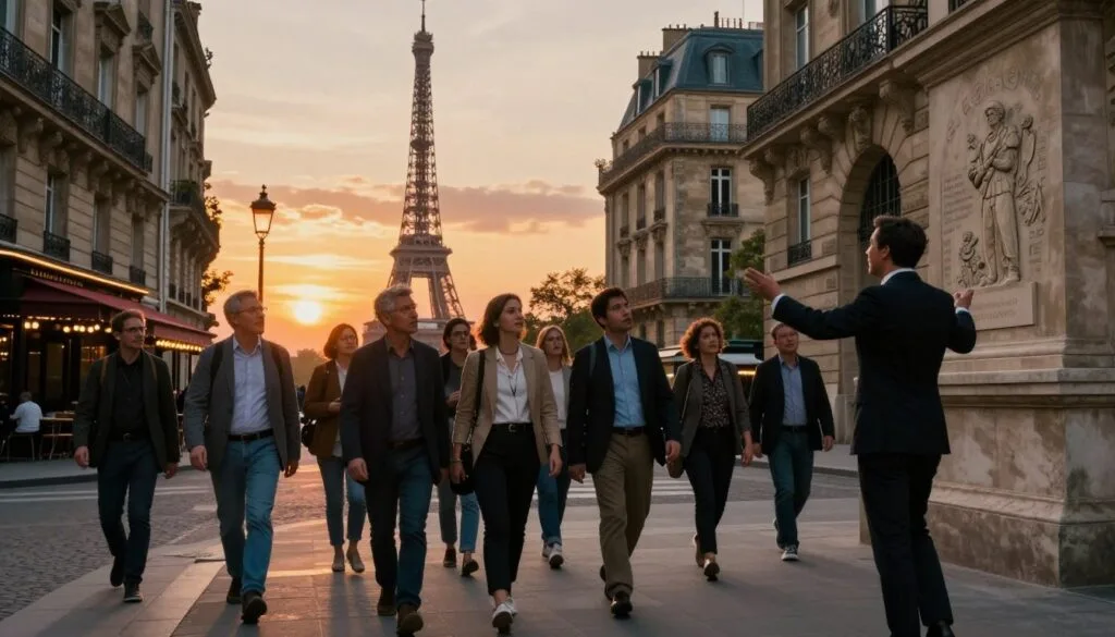 Une visite guidée à pied de Paris en fin d'après-midi met en scène un groupe varié de touristes, en tenues professionnelles et décontractées, explorant avec enthousiasme les rues historiques. Au premier plan, un guide passionné explique avec érudition l'importance d'un mémorial de la Seconde Guerre mondiale situé à proximité, tandis que les participants l'écoutent attentivement. Au second plan, on aperçoit l'architecture parisienne emblématique, comme de charmants cafés et d'anciens bâtiments en pierre, dont les détails raffinés témoignent de la riche histoire de la ville. À l'arrière-plan, la silhouette de la Tour Eiffel se détache sur un ciel flamboyant de coucher de soleil, baignant la scène d'une douce lumière dorée. L'atmosphère est vivante et immersive, évoquant un sentiment de découverte et d'enrichissement culturel, grâce à une résolution 8K et un éclairage cinématographique qui soulignent les textures et la profondeur de la scène. Une visite guidée à pied de Paris en fin d'après-midi met en scène un groupe varié de touristes, en tenues professionnelles et décontractées, explorant avec enthousiasme les rues historiques. Au premier plan, un guide passionné explique avec érudition l'importance d'un mémorial de la Seconde Guerre mondiale situé à proximité, tandis que les participants l'écoutent attentivement. Au second plan, on aperçoit l'architecture parisienne emblématique, comme de charmants cafés et d'anciens bâtiments en pierre, dont les détails raffinés témoignent de la riche histoire de la ville. À l'arrière-plan, la silhouette de la Tour Eiffel se détache sur un ciel flamboyant de coucher de soleil, baignant la scène d'une douce lumière dorée. L'atmosphère est vivante et immersive, évoquant un sentiment de découverte et d'enrichissement culturel, grâce à une résolution 8K et un éclairage cinématographique qui soulignent les textures et la profondeur de la scène.