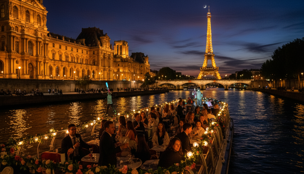 A scenic view of a Seine River cruise in Paris, showcasing vibrant entertainment and cultural hotspots. In the foreground, a beautifully decorated boat with people dressed in smart casual attire, laughing and enjoying the ride. The middle ground features iconic Parisian landmarks such as the Louvre and Notre-Dame, elegantly illuminated by warm, cinematic lighting. Street artists are visible along the riverbanks, adding a lively atmosphere. In the background, the Eiffel Tower stands majestically against a twilight sky, casting a romantic glow. The image should capture the essence of Parisian charm, with highly detailed textures and a focus on the joyous experience of exploring cultural landmarks by the river, rendered in stunning 8k resolution. A scenic view of a Seine River cruise in Paris, showcasing vibrant entertainment and cultural hotspots. In the foreground, a beautifully decorated boat with people dressed in smart casual attire, laughing and enjoying the ride. The middle ground features iconic Parisian landmarks such as the Louvre and Notre-Dame, elegantly illuminated by warm, cinematic lighting. Street artists are visible along the riverbanks, adding a lively atmosphere. In the background, the Eiffel Tower stands majestically against a twilight sky, casting a romantic glow. The image should capture the essence of Parisian charm, with highly detailed textures and a focus on the joyous experience of exploring cultural landmarks by the river, rendered in stunning 8k resolution.