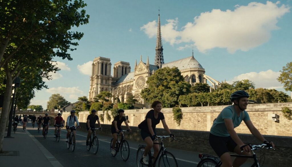 A scenic view of a bike tour in Paris, with cyclists riding along the iconic Seine River, framed by lush green trees and charming historic buildings. In the foreground, a diverse group of cyclists in modest casual clothing enjoys the ride, smiling and taking in the sights. The middle ground features famous landmarks like the Eiffel Tower and Notre-Dame Cathedral, bathed in warm, golden sunlight that highlights the intricate details of the architecture. The background includes a clear blue sky dotted with a few fluffy white clouds, creating a serene atmosphere. The composition should be shot from a low angle, giving depth to the scene and capturing the dynamic movement of the cyclists. The image should be highly detailed, resembling an 8k raw photograph with cinematic lighting and rich textures. A scenic view of a bike tour in Paris, with cyclists riding along the iconic Seine River, framed by lush green trees and charming historic buildings. In the foreground, a diverse group of cyclists in modest casual clothing enjoys the ride, smiling and taking in the sights. The middle ground features famous landmarks like the Eiffel Tower and Notre-Dame Cathedral, bathed in warm, golden sunlight that highlights the intricate details of the architecture. The background includes a clear blue sky dotted with a few fluffy white clouds, creating a serene atmosphere. The composition should be shot from a low angle, giving depth to the scene and capturing the dynamic movement of the cyclists. The image should be highly detailed, resembling an 8k raw photograph with cinematic lighting and rich textures.