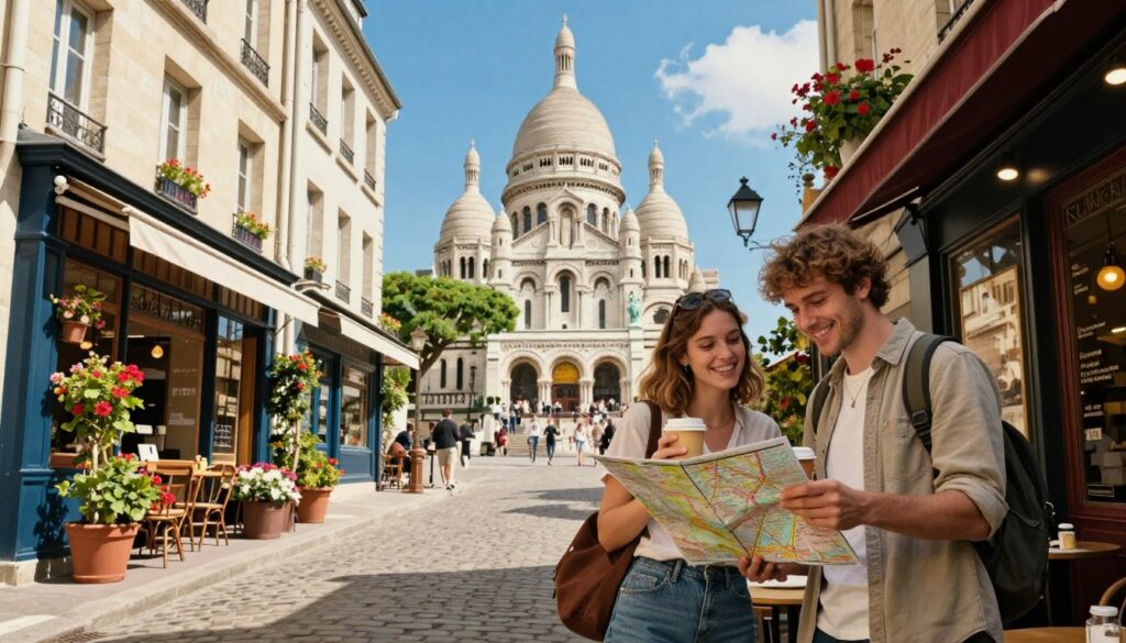 A scenic view of a budget-friendly Paris tour, featuring a cheerful young couple exploring the charming streets of Montmartre. In the foreground, they are standing near a quaint café, enjoying a coffee while glancing at a map. The couple is dressed in casual, modest clothing, embodying a relaxed traveler vibe. The middle ground showcases cobblestone streets lined with blooming flower pots and artisanal shops, adding a vibrant atmosphere. The background features the iconic Sacré-Cœur Basilica set against a bright blue sky, bathed in warm, cinematic lighting. The entire scene is framed in an inviting way, emphasizing the joy of discovering Paris on a budget, with highly detailed textures and a crisp 8k resolution.