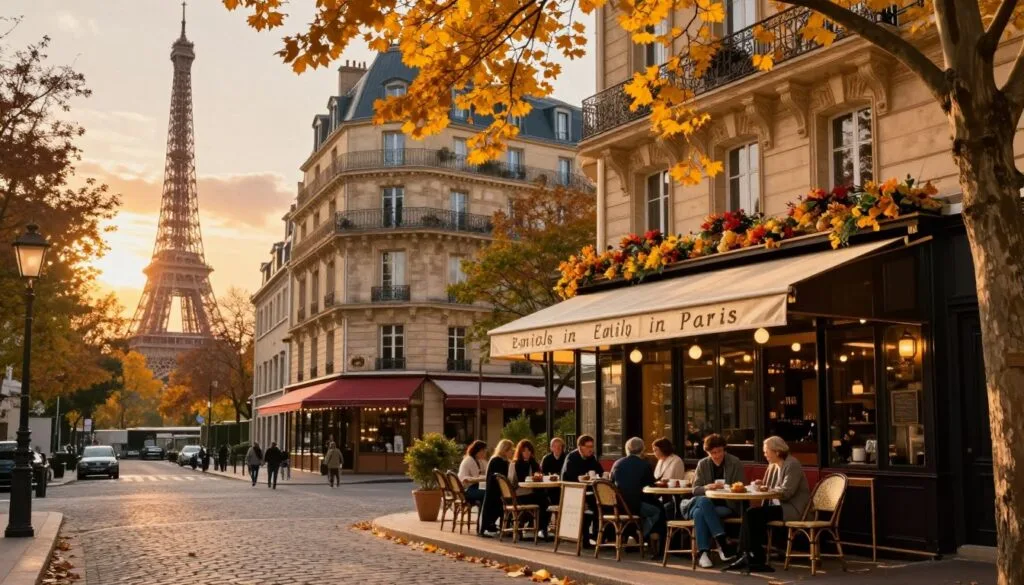 Una vista panorámica de los lugares de rodaje más emblemáticos de la temporada de "Emily en París", que muestra las encantadoras calles parisinas con vibrantes colores otoñales, hojas doradas y acogedores cafés. En primer plano, una elegante terraza con clientes elegantemente vestidos con ropa informal y discreta disfrutando de un café y pasteles. En segundo plano, se destacan encantadores edificios de arquitectura parisina clásica, adornados con decoraciones de temporada. Al fondo, la Torre Eiffel, parcialmente oculta por los árboles, bajo la suave y cálida luz del atardecer, crea una atmósfera romántica. El ambiente general es acogedor y pintoresco, capturando la esencia de París en otoño. Las ricas texturas de las calles adoquinadas y los detallados escaparates añaden profundidad a la escena. Filmada con una lente cinematográfica para mejorar la claridad, en resolución 8k, resaltando los colores vivos y los detalles intrincados.