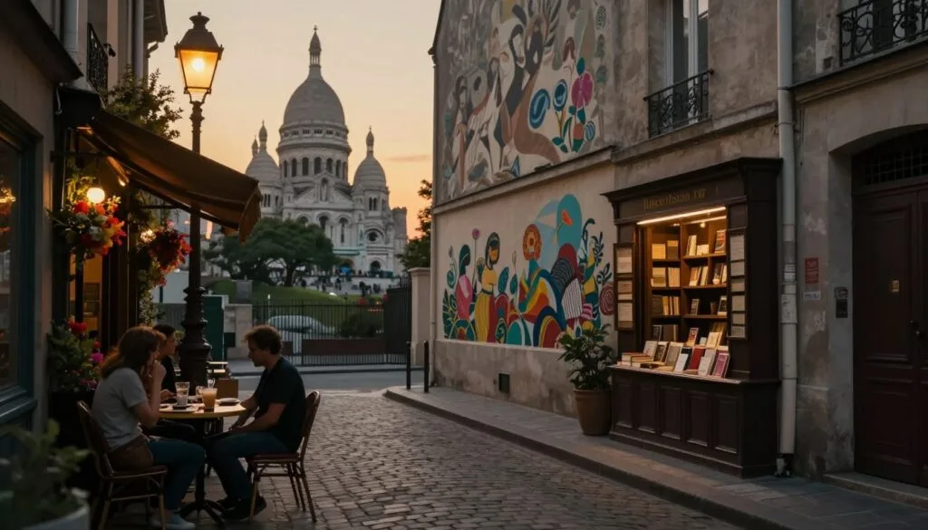 Lalana milamina any Paris, misy arabe vita amin'ny vato sy jiro eny an-dalambe tranainy manazava moramora ny toerana. Eo aloha, lavarangana kafe mahafinaritra voaravaka voninkazo miloko marevaka, izay ahafahan'ny mpanjifa manao akanjo tsotra sy maotina mankafy ny zava-pisotrony. Ny afovoany dia misy sary hosodoko amin'ny rindrina kanto eo amin'ny rindrina eo akaiky eo sy fivarotam-boky kely sy mahafinaritra misy boky tsy fahita firy. Ao ambadika, ny endriky ny Basilika Sacré-Cœur dia hita eo anoloan'ny lanitra filentehan'ny masoandro mafana sy volamena. Tony sy manintona ny rivo-piainana, maka ny maha-zava-dehibe ny vatosoa miafina ao Paris. Nalaina tamin'ny fakantsary haingana 35mm mba hanasongadinana ny antsipiriany, ny jiro dia mamorona aloka mifanohitra izay manatsara ny toe-po, maneho sehatra an-tanàn-dehibe tena misy nefa mahafinaritra sy mikorontana.