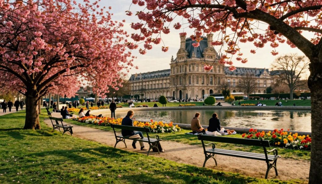 A serene Parisian park in spring, featuring lush green lawns, vibrant flower beds, and ornate wrought-iron benches. In the foreground, blossoming cherry trees frame the scene, their delicate pink flowers contrasting with the deep green grass. The middle ground showcases a tranquil pond with reflections of the surrounding trees, where people, dressed in casual but respectable attire, enjoy leisurely strolls and picnics. Behind, the iconic architecture of Paris can be glimpsed, like the distant silhouette of a historic building or light facade. Golden hour lighting bathes the scene in a warm glow, enhancing the vibrant colors and creating soft shadows. This cinematic snapshot emphasizes the peaceful ambiance of nature within the heart of Paris, inviting the viewer to explore the beauty of its parks and gardens. Highly detailed textures, 8k resolution. A serene Parisian park in spring, featuring lush green lawns, vibrant flower beds, and ornate wrought-iron benches. In the foreground, blossoming cherry trees frame the scene, their delicate pink flowers contrasting with the deep green grass. The middle ground showcases a tranquil pond with reflections of the surrounding trees, where people, dressed in casual but respectable attire, enjoy leisurely strolls and picnics. Behind, the iconic architecture of Paris can be glimpsed, like the distant silhouette of a historic building or light facade. Golden hour lighting bathes the scene in a warm glow, enhancing the vibrant colors and creating soft shadows. This cinematic snapshot emphasizes the peaceful ambiance of nature within the heart of Paris, inviting the viewer to explore the beauty of its parks and gardens. Highly detailed textures, 8k resolution.