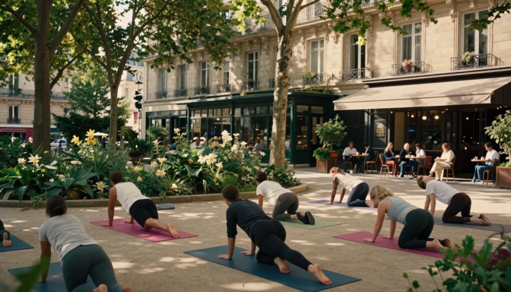 A serene Parisian wellness urban escape, showcasing a tranquil outdoor yoga session in a lush green park. In the foreground, a diverse group of individuals dressed in professional athleisure clothing gracefully performing yoga poses on vibrant mats. The middle ground features soft flowering plants and elegant stone pathways leading to stylish wellness centers with large windows. In the background, iconic Parisian architecture, including a charming café with patrons enjoying herbal teas and light snacks. The scene is infused with soft, golden sunlight filtering through leafy trees, casting gentle shadows, creating a peaceful and restorative atmosphere. The image captures the essence of balance and serenity in the bustling urban environment. Shot in 8k resolution, with high detail textures, utilizing cinematic lighting to enhance the tranquil mood.