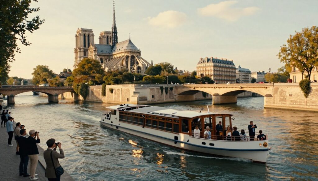 A serene Seine River scene showcasing a historical cruise boat gliding gently along the water. In the foreground, elegantly dressed tourists enjoy the scenic views, some capturing the moment with cameras, wearing smart casual attire. The middle ground features iconic Parisian landmarks, such as Notre-Dame Cathedral and the beautiful bridges that arch gracefully over the river. The background captures the essence of Paris with vibrant trees lining the riverbank and soft pastel buildings reflecting historical architecture. The composition includes cinematic lighting, with the sun setting in a warm golden hue casting reflections on the water’s surface. The image is highly detailed with textures showcasing the boat’s wood grain and the intricate designs of the monuments, rendered in 8k resolution for a strikingly realistic feel.