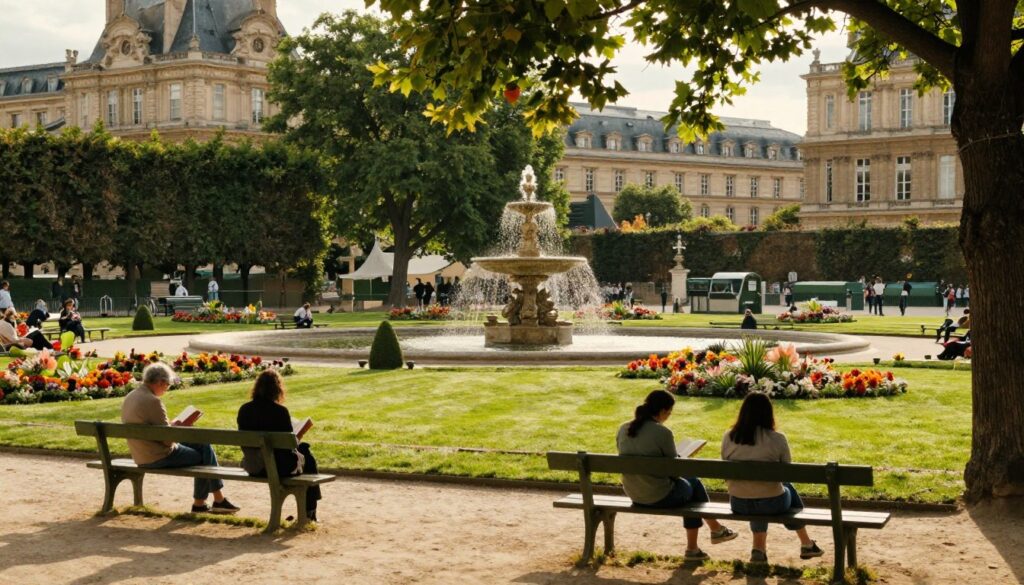 A serene afternoon in Jardin du Luxembourg, featuring vibrant green lawns and meticulously manicured flowerbeds. In the foreground, a small group of casually dressed visitors is enjoying the peaceful ambiance, seated on wooden benches while reading or conversing. The middle ground showcases the iconic Medici Fountain surrounded by lush trees, with sunlight filtering through the leaves, casting dappled shadows on the pathways. In the background, elegant historic architecture frames the garden, harmonizing with the tranquil atmosphere. Capture the scene with a 35mm fast prime lens, emphasizing a hyperrealistic style with rich colors and intricate details. The lighting should invoke a warm, inviting glow, reflecting a slower, local Paris afternoon, filled with a sense of relaxation and beauty.