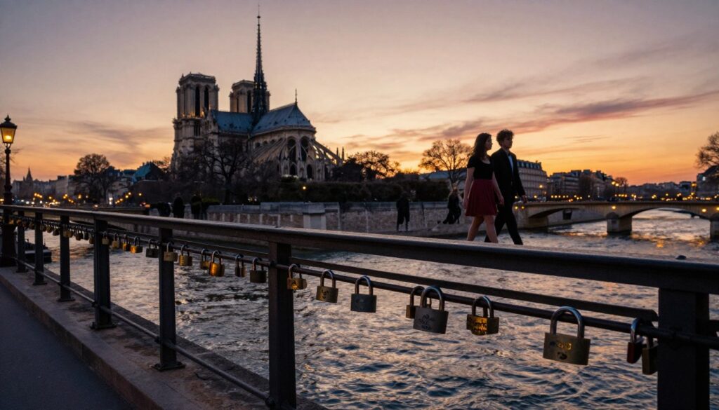 A serene evening scene featuring the iconic Pont des Arts bridge in Paris, adorned with love locks, elegantly lit by the warm glow of sunset. In the foreground, a few locks glisten on the metal railings, symbolizing enduring love, while soft waves of the Seine river gently ripple below, reflecting the fading light. The middle ground showcases couples walking hand in hand across the bridge, dressed in charming, modest attire, enjoying the romantic atmosphere. The background reveals the beautifully lit Parisian skyline, with Notre Dame Cathedral silhouetted against the colorful sky. The image captures a cinematic quality with highly detailed textures, evoking feelings of romance and nostalgia. Achieve an 8k resolution, emphasizing the stunning details and warm lighting that enhances this enchanting moment.