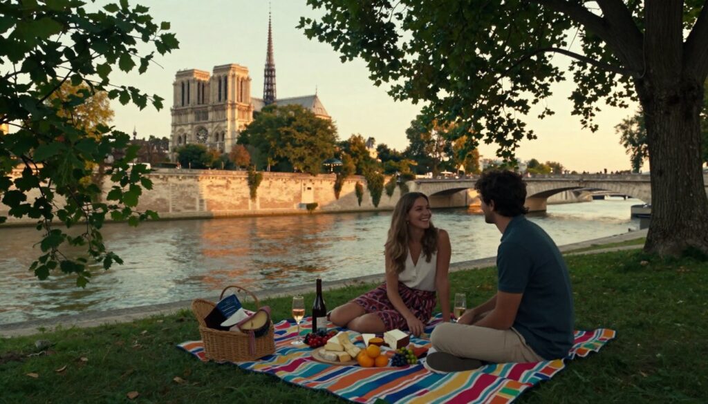 A serene picnic scene at Square du Vert Galant, located at the tip of Île de la Cité in Paris. In the foreground, a colorful picnic blanket spread out with an inviting spread of gourmet cheeses, fresh fruits, and sparkling drinks. A couple, dressed in stylish casual attire, sits smiling and enjoying each other's company, surrounded by lush green trees. In the middle ground, the gentle flow of the Seine River, with reflections of nearby historic architecture mirrored in the water. The background features the iconic silhouettes of Parisian landmarks, softly illuminated by warm, golden-hour lighting. The atmosphere is romantic and enchanting, capturing a moment of tranquility and intimacy, highly detailed textures and vibrant colors in 8k resolution.