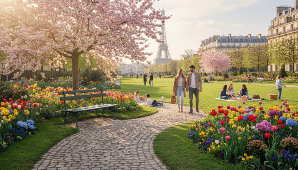 A serene public garden in Paris during a sunny afternoon, featuring lush green lawns and vibrant flower beds. In the foreground, a cobblestone path leads to a charming metal bench under a blooming cherry tree. In the middle ground, families with children are enjoying picnics on the grass, while a couple strolls hand-in-hand, showcasing the leisurely Parisian lifestyle. The background reveals iconic Parisian architecture and the distant silhouette of the Eiffel Tower peeking through the trees. The lighting is warm and golden, casting soft shadows and creating an inviting atmosphere. The scene captures the essence of relaxation and beauty in the heart of the city, evoking a sense of joy and tranquility. A serene public garden in Paris during a sunny afternoon, featuring lush green lawns and vibrant flower beds. In the foreground, a cobblestone path leads to a charming metal bench under a blooming cherry tree. In the middle ground, families with children are enjoying picnics on the grass, while a couple strolls hand-in-hand, showcasing the leisurely Parisian lifestyle. The background reveals iconic Parisian architecture and the distant silhouette of the Eiffel Tower peeking through the trees. The lighting is warm and golden, casting soft shadows and creating an inviting atmosphere. The scene captures the essence of relaxation and beauty in the heart of the city, evoking a sense of joy and tranquility.