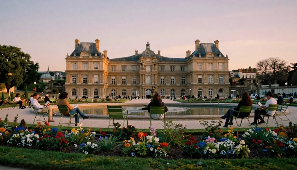 Μια γαλήνια σκηνή στο Jardin du Luxembourg κατά τη διάρκεια της χρυσής ώρας, απαθανατισμένη από χαμηλή γωνία για να τονιστεί το καταπράσινο τοπίο. Στο πρώτο πλάνο, κομψά περιποιημένα παρτέρια γεμάτα χρώμα. Στο μεσαίο επίπεδο, απεικονίζεται η εμβληματική Κρήνη των Μεδίκων, περιτριγυρισμένη από χαλαρούς επισκέπτες με σεμνά, καθημερινά ρούχα, που απολαμβάνουν βιβλία και συζητήσεις σε κλασικές πράσινες καρέκλες. Η κομψή αρχιτεκτονική του παλατιού είναι ορατή στο βάθος, λουσμένη σε ζεστό, απαλό φως. Ο ουρανός είναι μια διαβάθμιση παστέλ αποχρώσεων, που δημιουργεί μια γαλήνια ατμόσφαιρα πάνω από το πάρκο. Η εικόνα θα πρέπει να αντανακλά μια αίσθηση γαλήνιου ελεύθερου χρόνου, αναδεικνύοντας τη γοητεία και την ομορφιά του αγαπημένου κήπου του Παρισιού σε εξαιρετικά λεπτομερείς υφές, ανάλυση 8k, με κινηματογραφικό φωτισμό που ενισχύει κάθε λεπτομέρεια.