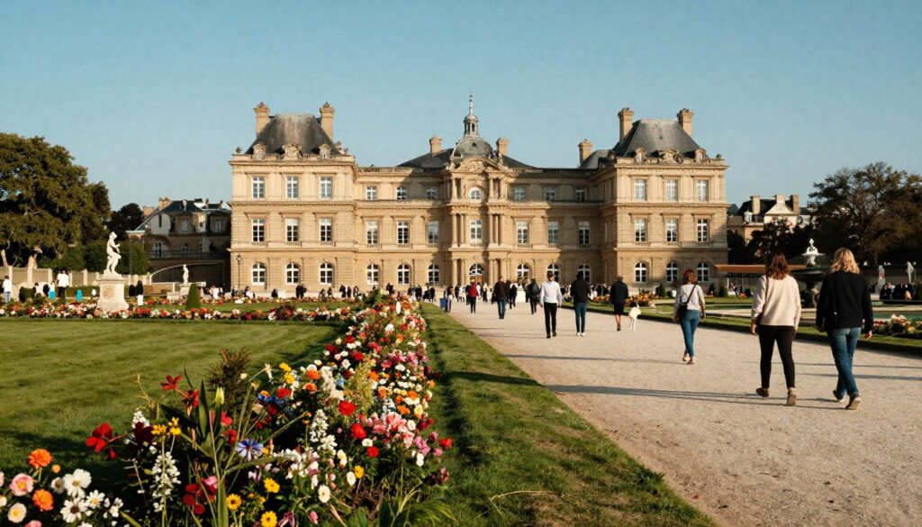 A serene scene capturing natural attractions in Paris, featuring the iconic Luxembourg Gardens in the foreground with lush green lawns, vibrant flower beds, and elegant pathways. People of diverse backgrounds stroll leisurely along the paths, dressed in casual yet refined clothing. In the middle ground, classical statues and a picturesque fountain add depth, while the background showcases the historic architecture of the surrounding buildings under a clear blue sky. The scene is illuminated by soft, golden-hour lighting, creating a warm and inviting atmosphere. Use a wide-angle lens to capture the vastness of the gardens and create a cinematic feel, with highly detailed textures and rich colors at 8k resolution. The overall mood is peaceful and enchanting, perfect for showcasing the beauty of nature intertwined with the charm of Paris.
