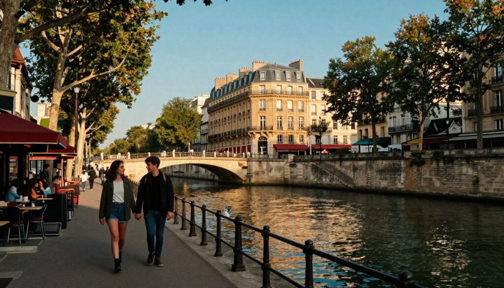 A serene view of Canal Saint-Martin in the Le Marais district of Paris, showcasing the picturesque waterway lined with charming trees and vibrant cafes. In the foreground, a couple strolls hand-in-hand, dressed in casual yet stylish attire, enjoying their leisurely walk. The middle ground features quaint footbridges arching over the canal, enhanced by the soft reflections of the surrounding buildings in the water. In the background, classic Parisian architecture, with warm hues and intricate detailing, rises gently against a clear blue sky. The scene is illuminated by golden hour lighting, casting a warm glow over the landscape. Captured with a wide-angle lens, the composition highlights the inviting atmosphere of this beloved walking path, evoking a sense of tranquility and romance, in stunning 8k resolution with highly detailed textures.