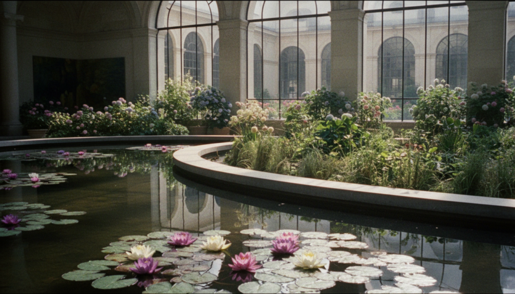A serene view of Claude Monet's famous Water Lilies, displayed in the Musée de l'Orangerie. In the foreground, vibrant water lilies float gracefully on a tranquil pond, their blossoms reflecting a spectrum of pastel colors. The middle ground features the gentle curves of the pond's edge, lined with lush greenery and softly lit by the warm glow of early morning sunlight. In the background, the iconic architecture of the Musée de l'Orangerie can be seen, framed by blooming flowers in the Jardin des Tuileries. The scene captures a sense of tranquility and inspiration, with soft shadows and a dreamy ambiance. The image is a raw photograph, using cinematic lighting and highly detailed textures, rendered in stunning 8k resolution to evoke the timeless beauty of Monet's art.