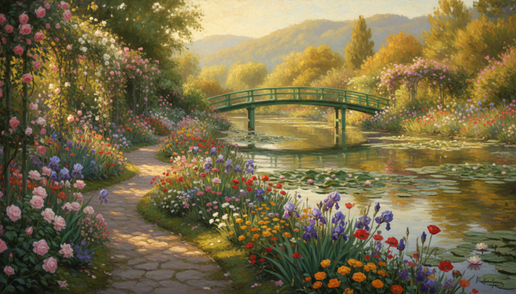 A serene view of Monet's gardens in Giverny, showcasing a vibrant array of blooming flowers in luminous colors. In the foreground, a classic stone pathway leads through lush greenery adorned with delicate roses and irises. The middle ground highlights the iconic Japanese bridge, gracefully arching over a tranquil pond filled with water lilies, reflecting the soft, warm glow of the sunlight. In the background, gentle, rolling hills are dotted with trees, bathed in a golden hour light that casts a tranquil ambiance. Capture a sense of calm and inspiration, evoking the beauty and artistry of nature that Monet cherished. Use a wide-angle lens to encompass the depth of the gardens, with soft bokeh to enhance the dreamlike quality of the scene. The atmosphere should feel peaceful and inviting, perfect for a leisurely day.