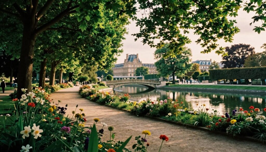 A serene view of Parc Monceau, showcasing its lush greenery and manicured gardens. In the foreground, delicate flowers bloom in vibrant colors, framing a winding path that invites a leisurely stroll. The middle ground features elegant pathways lined with tall, leafy trees that provide dappled sunlight filtering through the branches. A picturesque bridge spans a tranquil pond, reflecting the surrounding beauty. In the background, the iconic Parisian architecture blends harmoniously with nature, hinting at the charm of the city. The scene is captured in soft, golden hour lighting that enhances the romantic atmosphere, creating a dreamy ambiance. The photograph is highly detailed, with textures that emphasize the beauty of the foliage and water, rendered in 8k resolution for an immersive experience.