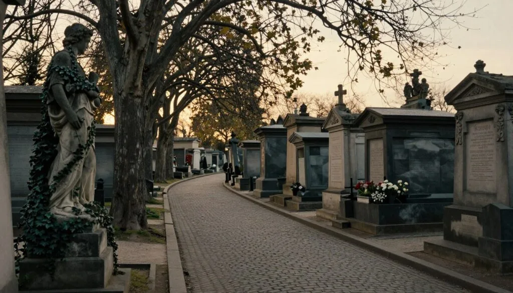 He tirohanga marino ki te Urupā o Père Lachaise, e whakaatu ana i ōna ara kōhatu piko kua whakarārangihia ki ngā rākau whakahīhī, kua tawhito. I mua, he whakairo kōhatu kua hipokina ki te ivy e hopu ana i te aro, ko te wāhi waenga kei roto ngā kōhatu urupā kua hoahoatia kia ātaahua, ko ētahi kua whakapaipaihia ki ngā whakairo me ngā putiputi matatini, e whakaatu ana i te wairua o te hītori me te maumaharatanga. E whakaatu ana te papamuri i te mārama ngawari, te marama koura e tātari ana i roto i ngā manga, e maka ana i ngā atarangi ngawari ki runga i te ara, e whakaoho ana i te wairua whakaaroaro. Me hopu te ahua me te karāhe matua tere 35mm, e whakarato ana i te tirohanga tino pono me te pa o te raruraru anarau kino, e whakarite ana i ngā kakano whai kiko me ngā rerekētanga hohonu e whakanui ana i te ataahua ahurei o tēnei wāhi rongonui o Parī.