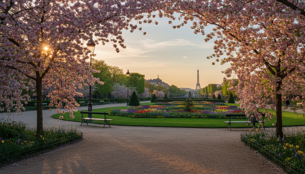 A serene view of beautiful parks and gardens in Paris, featuring vibrant flowerbeds in full bloom and meticulously manicured lawns. In the foreground, a picturesque pathway lined with cherry blossom trees creates a charming avenue. The middle ground showcases elegantly designed wrought-iron benches and classic lampposts, bathed in warm, golden sunset light. Surrounding greenery includes towering sycamores and lush hedges, adding depth to the scene. In the background, the silhouettes of historic Parisian buildings emerge against a pastel sky. The atmosphere is tranquil and inviting, perfect for leisurely strolls. Capture this image in a raw photograph style with cinematic lighting, highly detailed textures, and in 8k resolution to enhance the beauty and vibrancy of the scene. A serene view of beautiful parks and gardens in Paris, featuring vibrant flowerbeds in full bloom and meticulously manicured lawns. In the foreground, a picturesque pathway lined with cherry blossom trees creates a charming avenue. The middle ground showcases elegantly designed wrought-iron benches and classic lampposts, bathed in warm, golden sunset light. Surrounding greenery includes towering sycamores and lush hedges, adding depth to the scene. In the background, the silhouettes of historic Parisian buildings emerge against a pastel sky. The atmosphere is tranquil and inviting, perfect for leisurely strolls. Capture this image in a raw photograph style with cinematic lighting, highly detailed textures, and in 8k resolution to enhance the beauty and vibrancy of the scene.