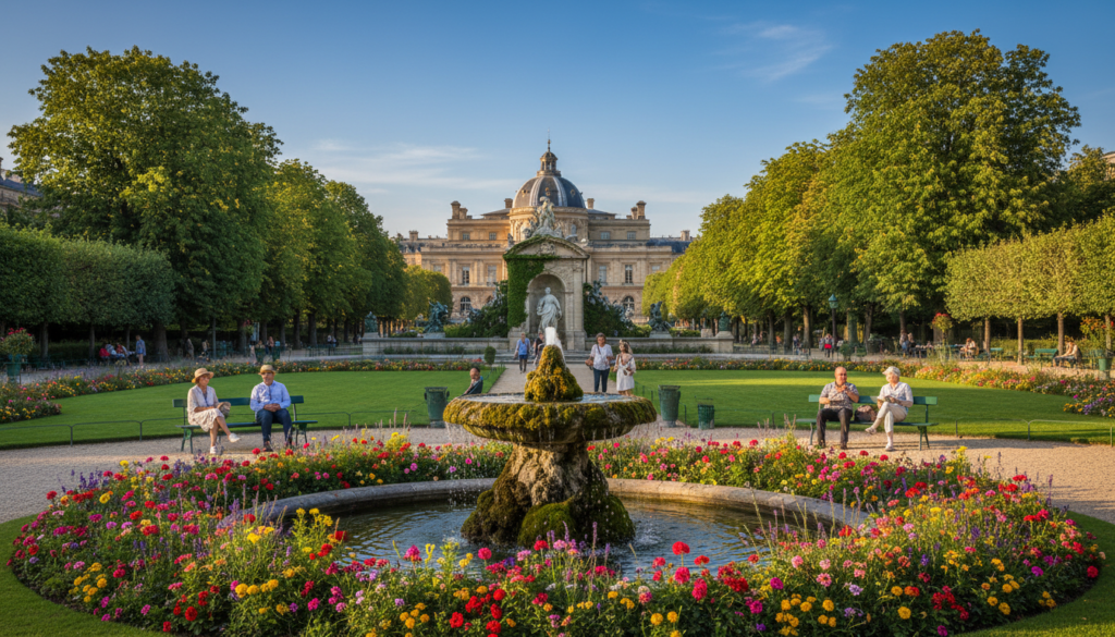 A serene view of the Jardin du Luxembourg in Paris, showcasing its beautifully manicured flowerbeds and lush green lawns. In the foreground, a rustic stone fountain surrounded by vibrant flowers, with people in modest casual attire resting on benches or strolling leisurely. The middle ground features the iconic Medici Fountain, adorned with classical sculptures, flanked by tall trees providing dappled sunlight. In the background, the majestic Luxembourg Palace stands proudly, with a clear blue sky above. The scene is bathed in warm, golden afternoon light, creating a tranquil and inviting atmosphere, perfect for a relaxing escape in one of Paris's finest gardens. Captured with a wide-angle lens to emphasize the garden's expansive beauty.