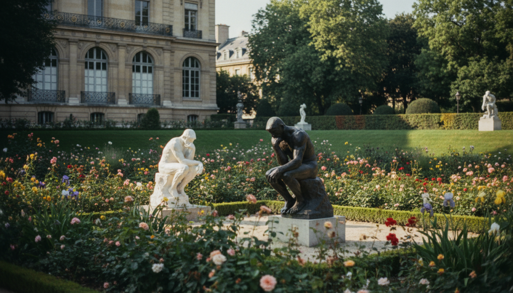 A serene view of the Musée Rodin in Paris, showcasing its beautiful romantic gardens and iconic sculptures. In the foreground, exquisite bronze and marble sculptures, including "The Thinker", eloquently positioned among vibrant flower beds. The middle ground features the elegant architecture of the museum, with lush greenery and carefully manicured hedges. The background reveals soft sunlight filtering through the trees, casting gentle shadows and enhancing the textures of the garden's foliage. Capture this scene with cinematic lighting and a shallow depth of field to create a dreamy, tranquil atmosphere, reminiscent of an artful day in one of Paris's most cherished cultural spaces. Render in 8k resolution for highly detailed textures and clarity.