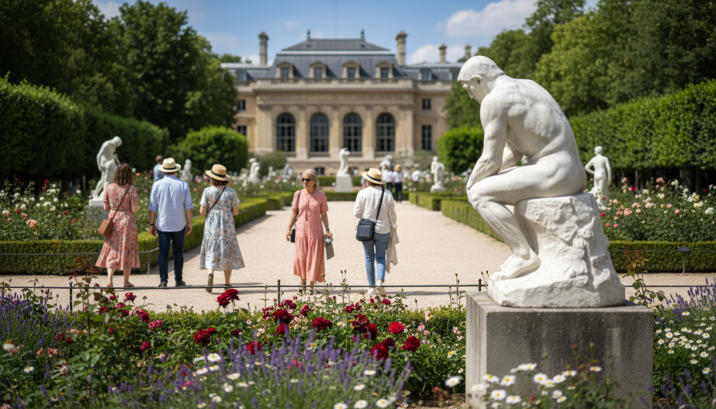 A serene view of the Musée Rodin sculpture garden in Paris, showcasing exquisite marble sculptures amidst lush greenery. In the foreground, a detailed close-up of "The Thinker" positioned on a stone pedestal, surrounded by vibrant flowers. The middle ground reveals a winding path leading through neatly trimmed hedges, where visitors in casual clothing stroll leisurely, taking in the artwork. In the background, the historic museum building with its elegant architecture contrasts against a bright blue sky, filtered sunlight casting gentle shadows throughout the scene. The atmosphere is peaceful and contemplative, inviting viewers to experience the artistic escape of this iconic Parisian attraction. Use a soft focus lens effect to enhance the tranquil mood, capturing the essence of a calm day in the garden.