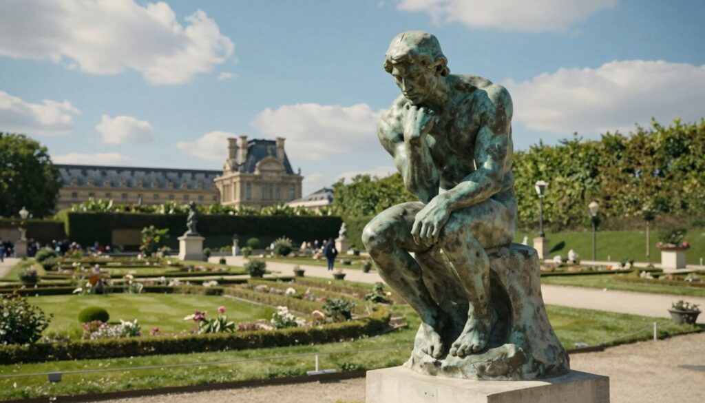A serene view of the Musée Rodin's famous sculpture garden, showcasing the iconic Thinker statue prominently situated in the foreground. The lush greenery and meticulously manicured flower beds surround the statue, creating a tranquil oasis. In the middle background, the historic Hôtel des Invalides can be glimpsed, complemented by a clear blue sky. Soft sunlight filters through scattered clouds, casting gentle shadows across the garden, enhancing the hyperrealistic details. The scene is captured with a 35mm fast prime lens, emphasizing depth and texture. The atmosphere is peaceful and inspiring, inviting viewers to escape into the beauty of art and nature harmoniously intertwined.